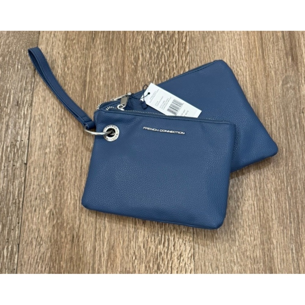 NWT French Connection Lara Pebble Leather Double Slim Pouches Wristlet Navy Blue